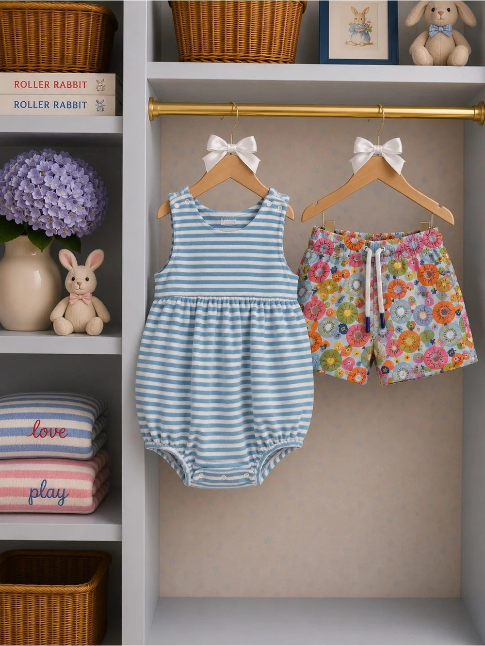 Blue & White Striped Baby Romper with Colorful Floral Shorts